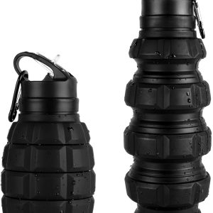 Collapsible Travel Water Bottle 19.6 oz, Reuseable Silicone Foldable Water Bottles for School, Office, Gym, Family,Camping and Hiking,Portable Leak Proof Sports Water Bottle with Carabiner (Black)