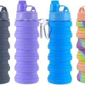 Collapsible Water Bottles 4 pack Travel Water Bottle Portable Hiking Water Bottle with Leak proof Twist Cap 500ML Reusable BPA Free Silicone Water Bottles. (Black+Purple+Blue+Pink)