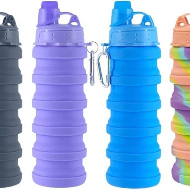 Collapsible Water Bottles 4 pack Travel Water Bottle Portable Hiking Water Bottle with Leak proof Twist Cap 500ML Reusable BPA Free Silicone Water Bottles. (Black+Purple+Blue+Pink)